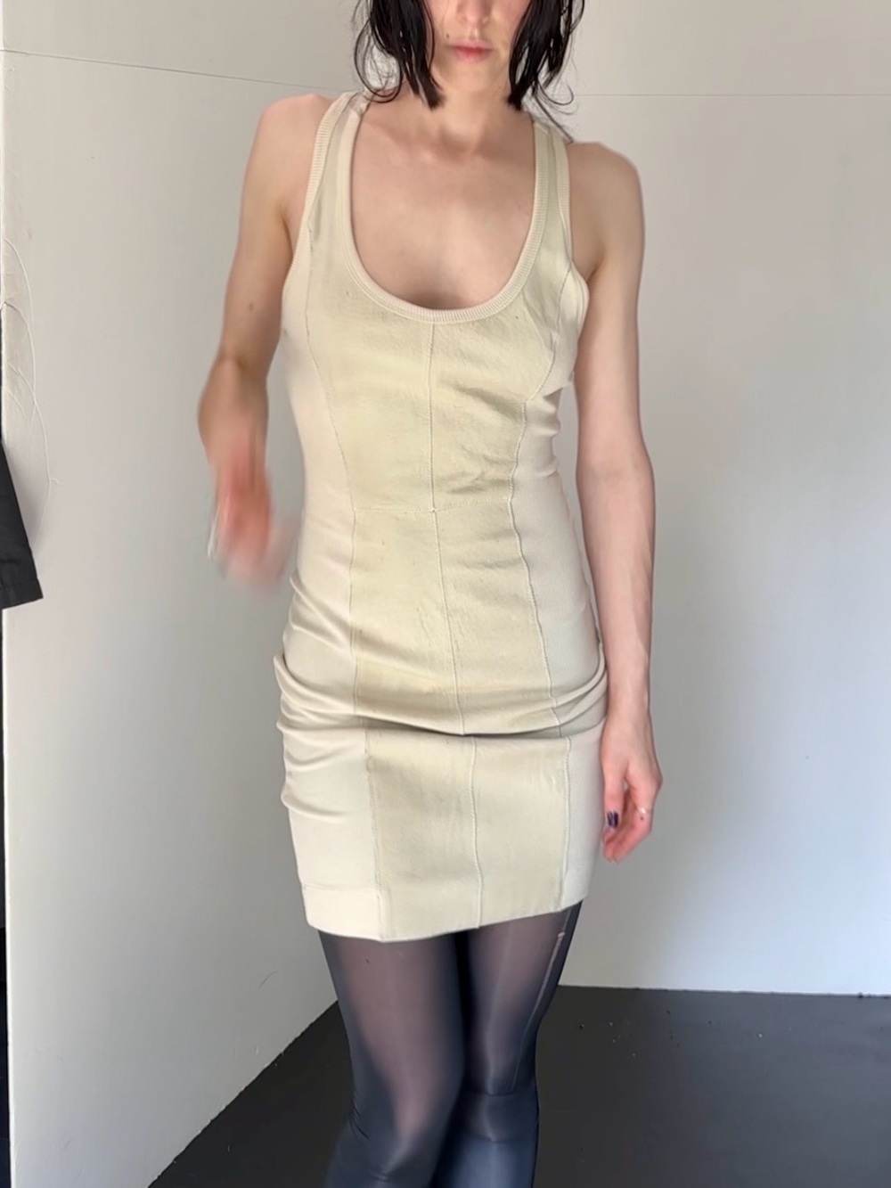 Sleeveless Scoop Neck Bodycon Dress in Cream. Leather two toned soft jersey.